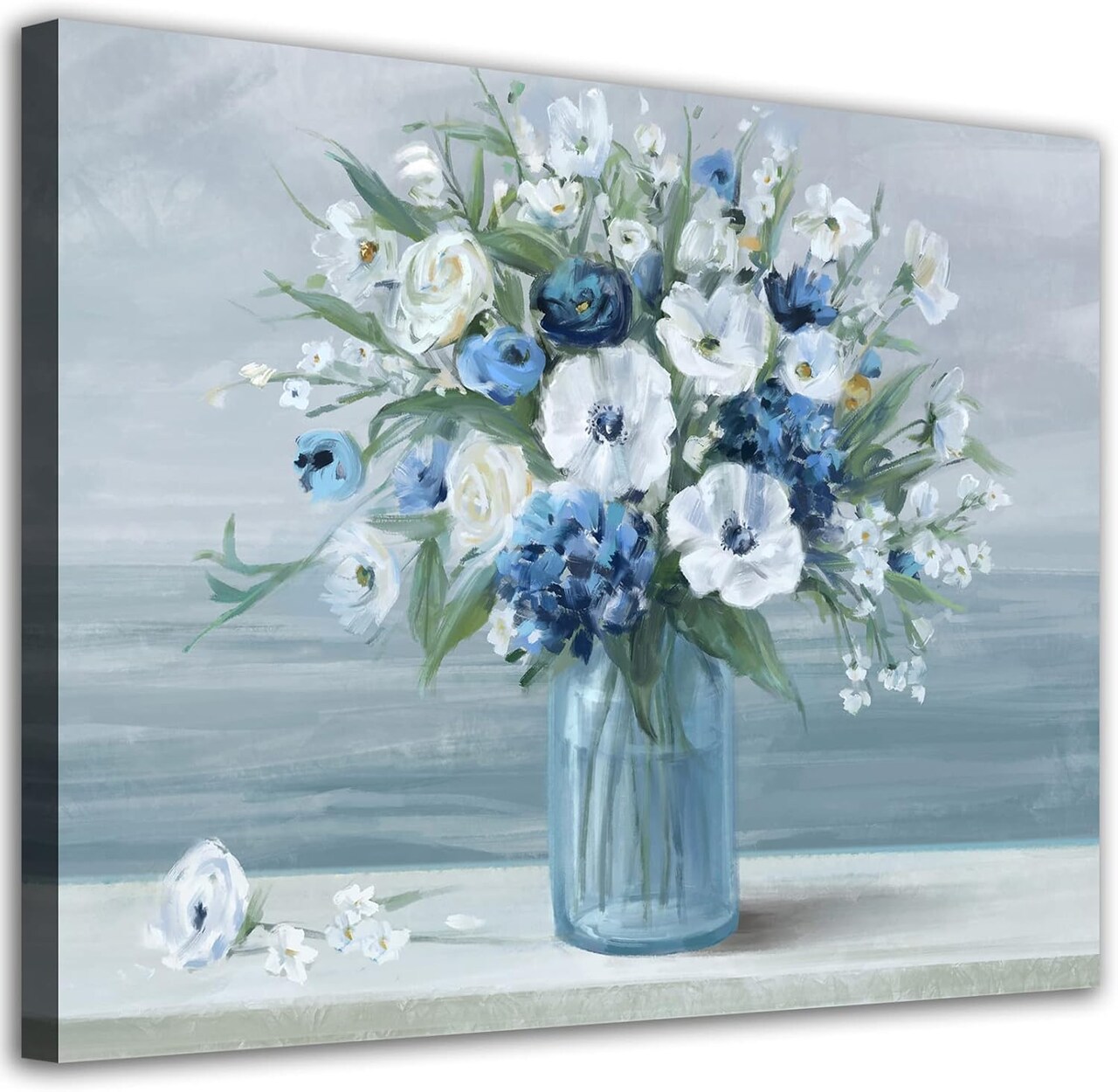 Wall Art Blue White Blossom Canvas Painting Retro Flowers in Vase Canvas